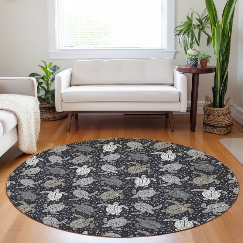 Premium Washable Super Soft Coastal Turtles Mayfield Rug - Midnight - 8' x 8' - Round