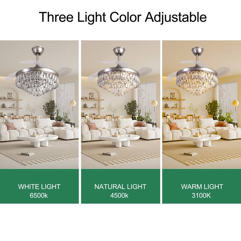 Modern Crystal Ceiling Fan Light with Lighting and 6 Speed Settings, Crystal Shade for Bedroom and Living Room