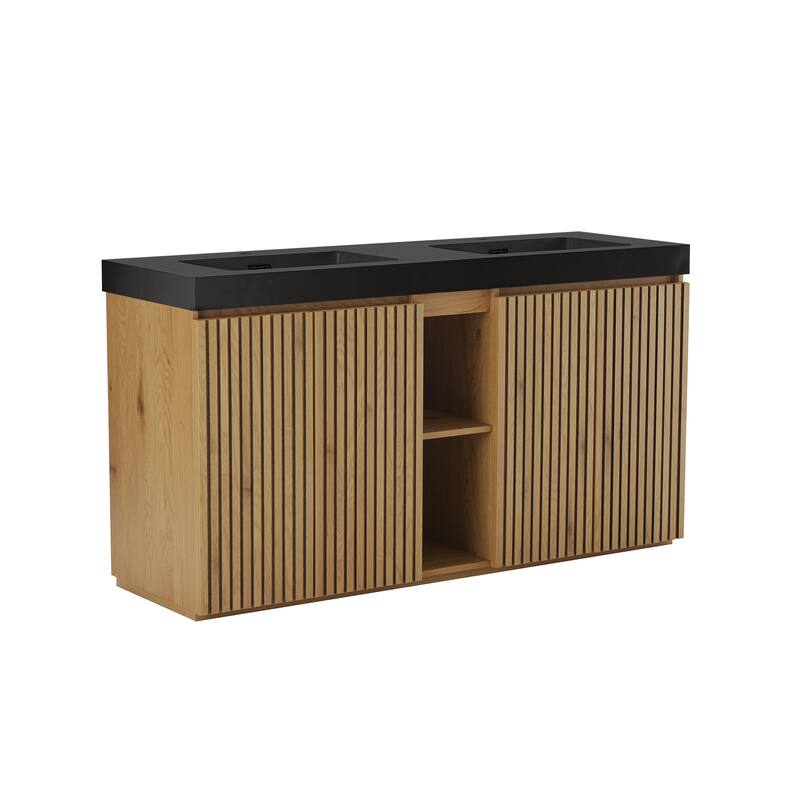 GDFStudio - Galan 60" Freestanding Bathroom Vanity with Quartz Sink, Solf Close Doors, Open Storage Shelf, NO Drain & Faucet