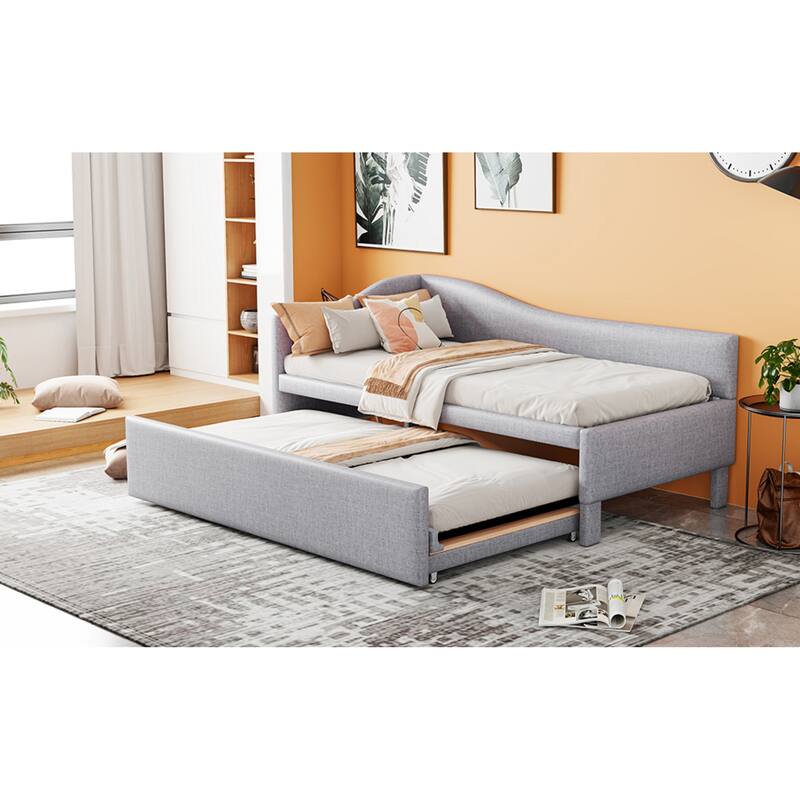 Roomfitters Twin Size Upholstered L-Shaped Daybed with Pop Up Trundle, Space Saving Fabric Sofa Bed Frame with Slats