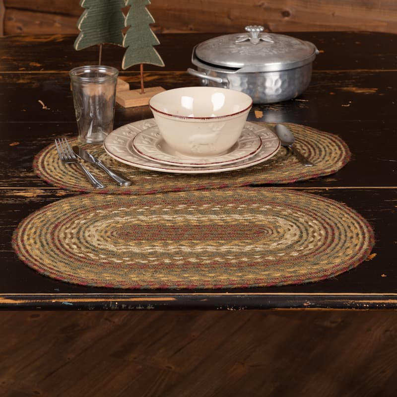 Set of 6 Tea Cabin Jute Placemats (12 x 18 in.) - Placemat 12x18 - Placemat 12x18 - Set of 6 - Moss Green/Crimson/Creme