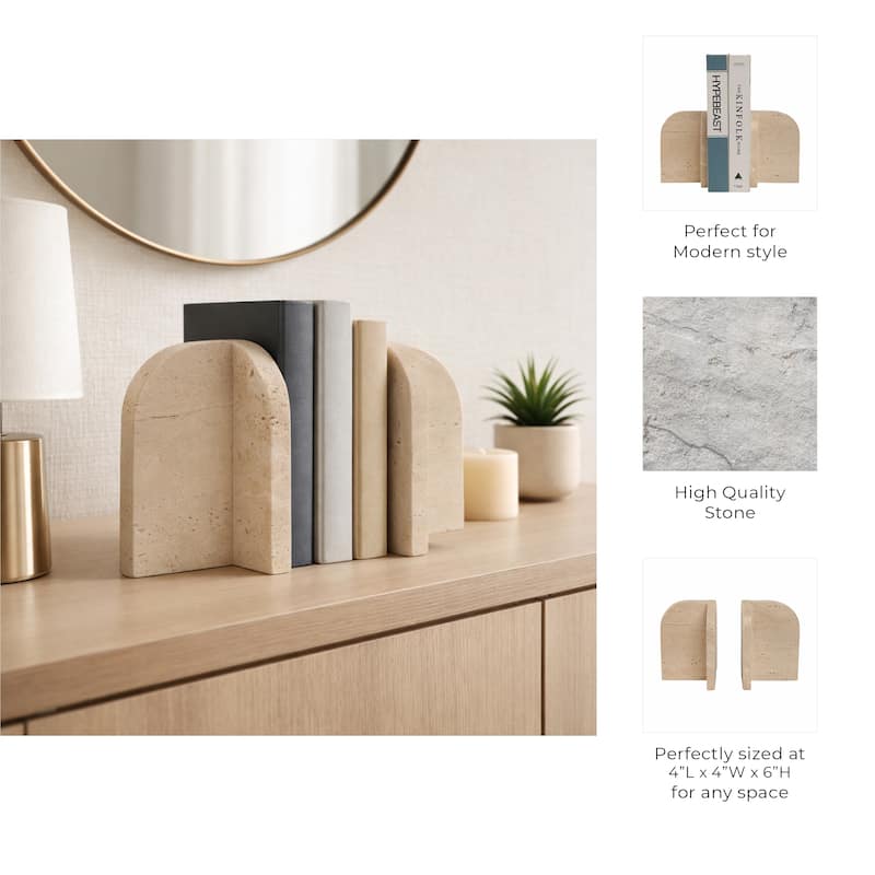 Stone Marble Arched Design Bookends Set - Tan, 6" - 6.0"