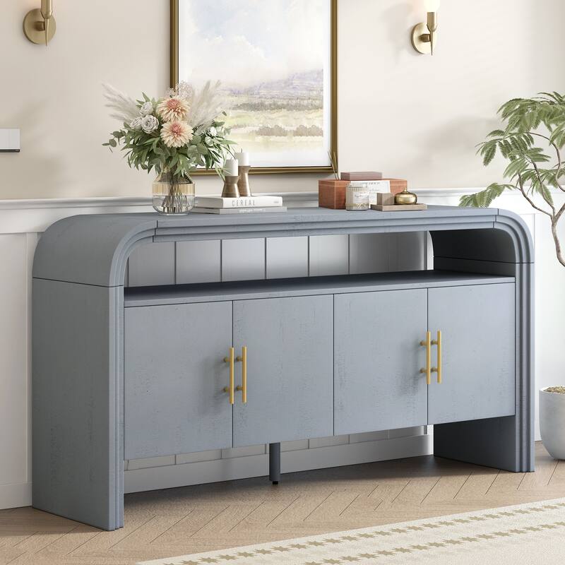 Curved Sideboard with 4 Doors, Wood Accent Entryway Console Table, Freestanding Buffet Cabinet with Open Shelves - Gray
