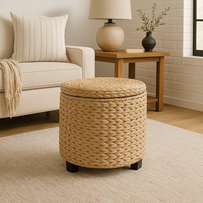 happimess Addie 17.72" Handwoven Water Hyacinth Storage Ottoman with Lid