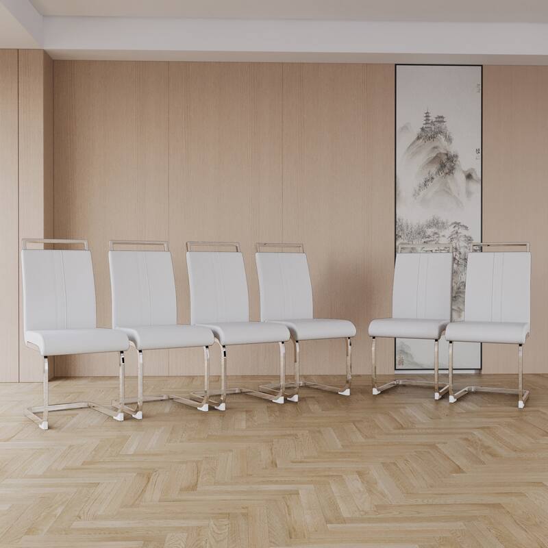 White Silver Leather Reception Chair Dining Chair with High Backrest, Side Chair Office Chair Lounge Chair with Metal Legs