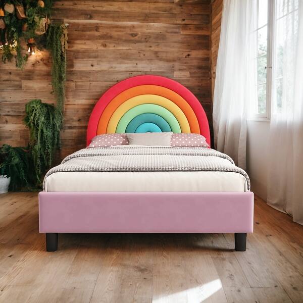 slide 2 of 10, Rainbow Upholstered Twin Bed, Colorful & Pink, No Box Spring Pink