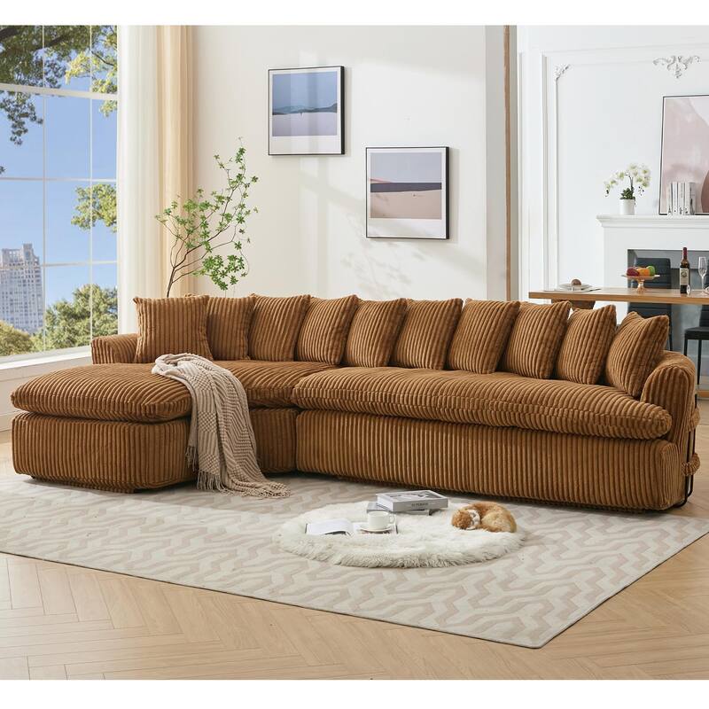 127" Corduroy L-Shaped Sectional Sofa with 10 Back Cushions