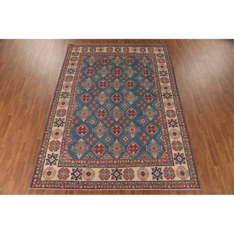 Blue Geometric Kazak Area Rug Handmade Traditional Wool Carpet - 8'2" x 11'6"