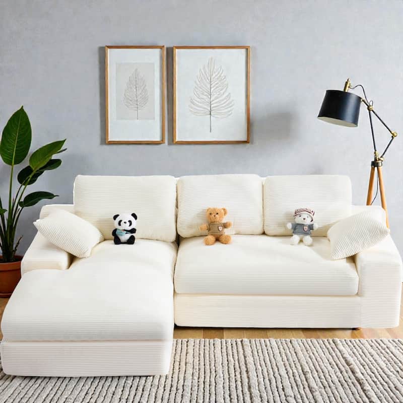Corduroy Compressed Sofa Couch with 3 Back Cushions and 2 Throw Pillows, Soft Cloud Sofa for Living Room - White