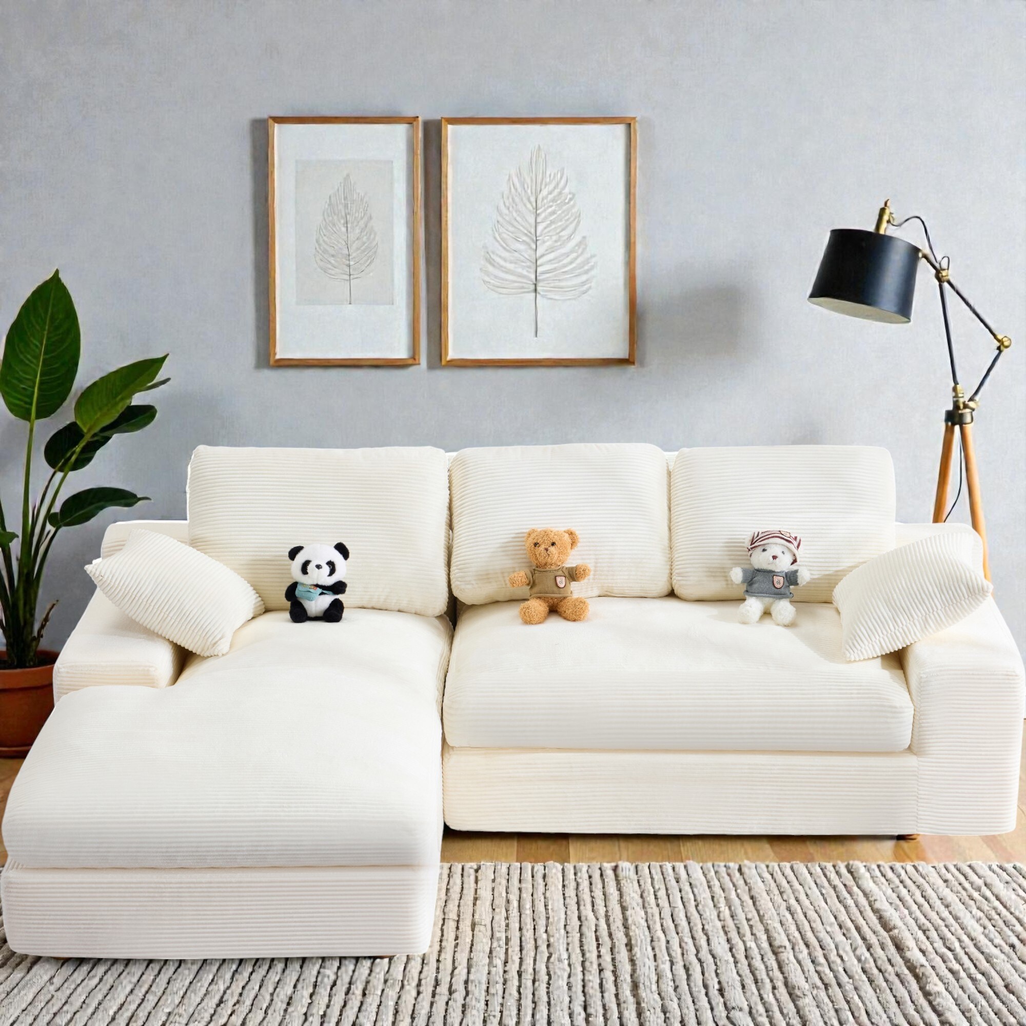 Corduroy Compressed Sofa Couch with 3 Back Cushions and 2 Throw Pillows, Soft Cloud Sofa for Living Room