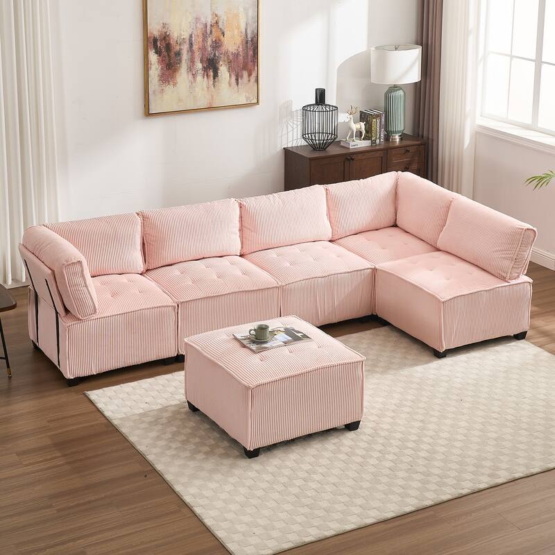 Ergonomic Lounge Modular Couch Corduroy Sectional Sofa with Deep Seat Ottoman Chaise and High-Rebound Thick Cushions