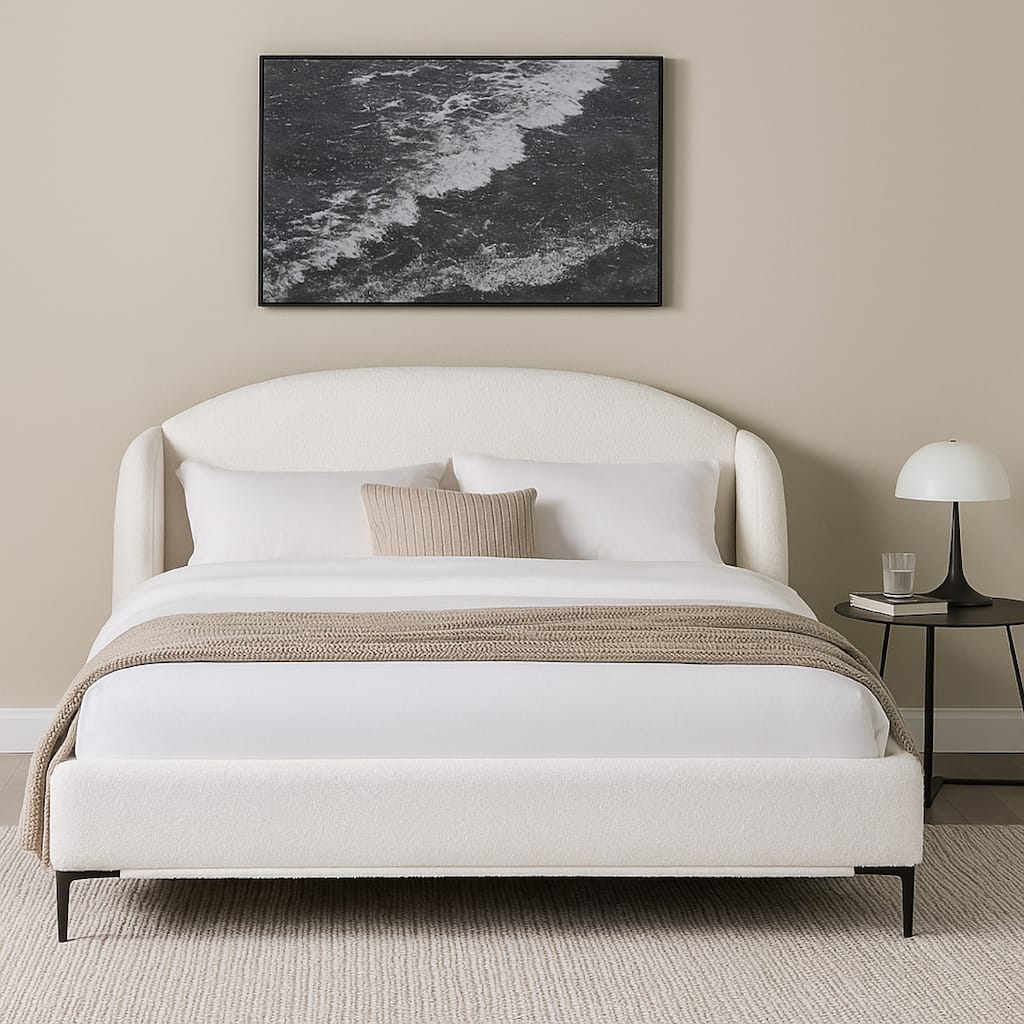 Peli Queen Size Bed, Low Profile Curved Back Ivory Faux Shearling Upholstery