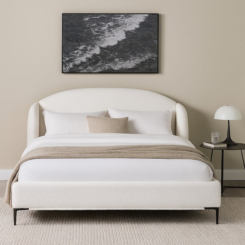 Peli Queen Size Bed, Low Profile Curved Back Ivory Faux Shearling Upholstery