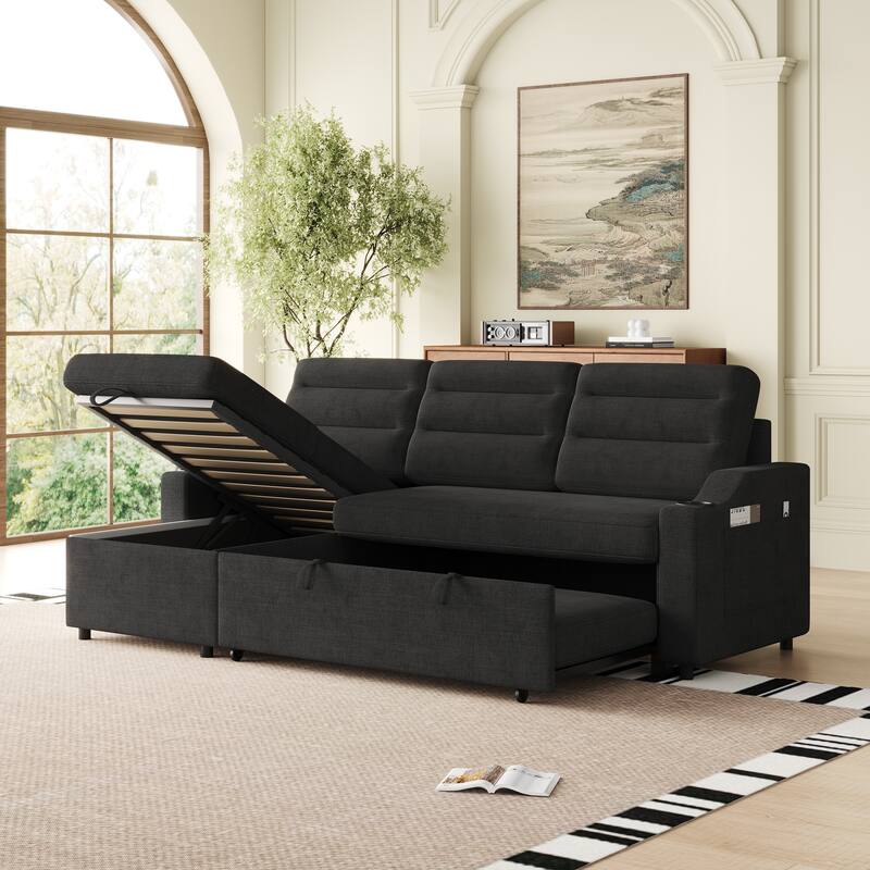 83.5-Inch Convertible Sofa Bed - Stylish Polyester Recliner with Storage for Small Spaces