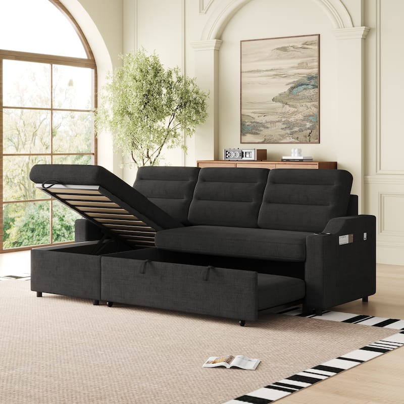 Multi-Position Sofa Bed with Pull-Out Sleeper, Chaise, and Storage for Living Room
