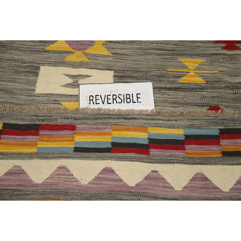 Hand Woven Oriental 100% Wool Carpet Southwestern Tribal Greys & Charcoal Kilim Area Rug - 9' 8'' X 6' 7''