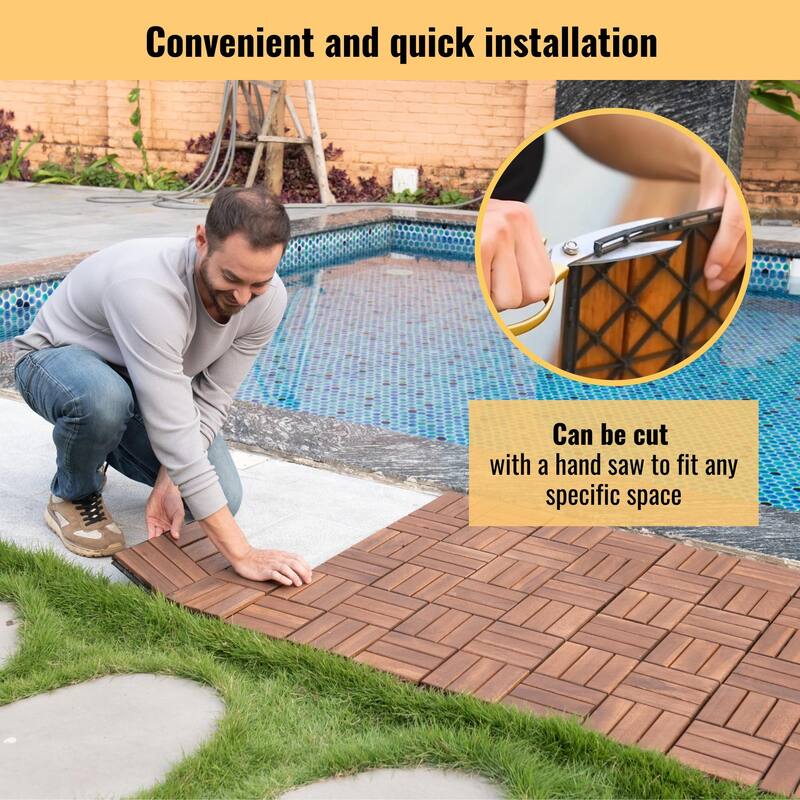 10 PCS Interlocking Deck Tiles Checker Pattern, 12" x 12" Square Acacia Hardwood Outdoor Flooring for Patio,Bancony,Pool Side