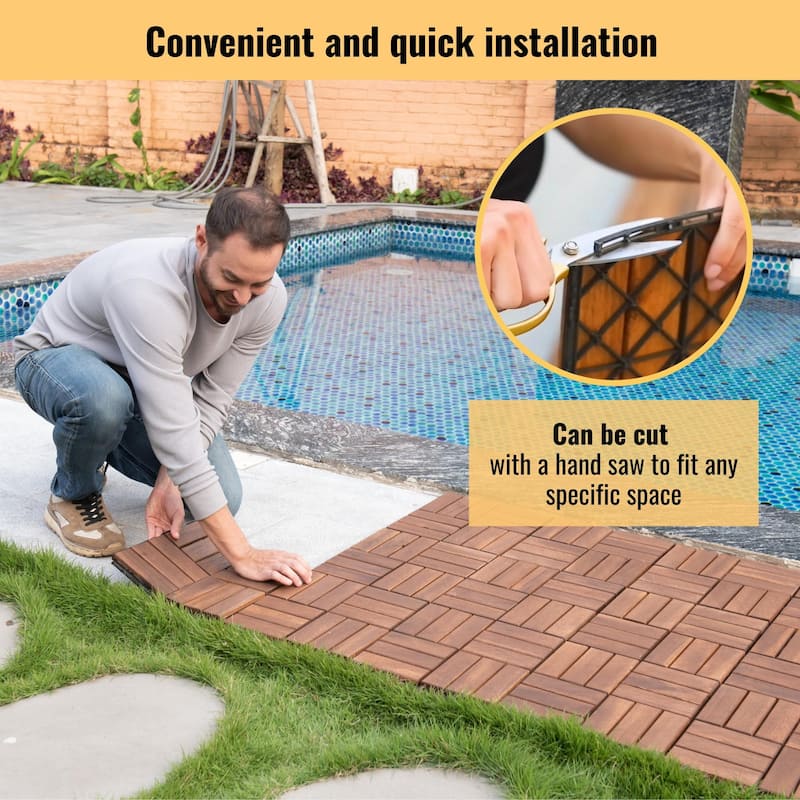 20 PCS Interlocking Deck Tiles Checker Pattern, 12" x 12"Square Acacia Hardwood Outdoor Flooring for Patio,Bancony,Pool Side