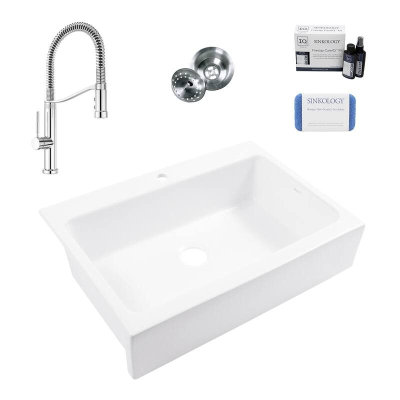 Parker Crisp White Fireclay 34" Single Bowl Quick-Fit Farmhouse Apron Front Drop-in Kitchen Sink (1 Hole) with Chrome Faucet Kit