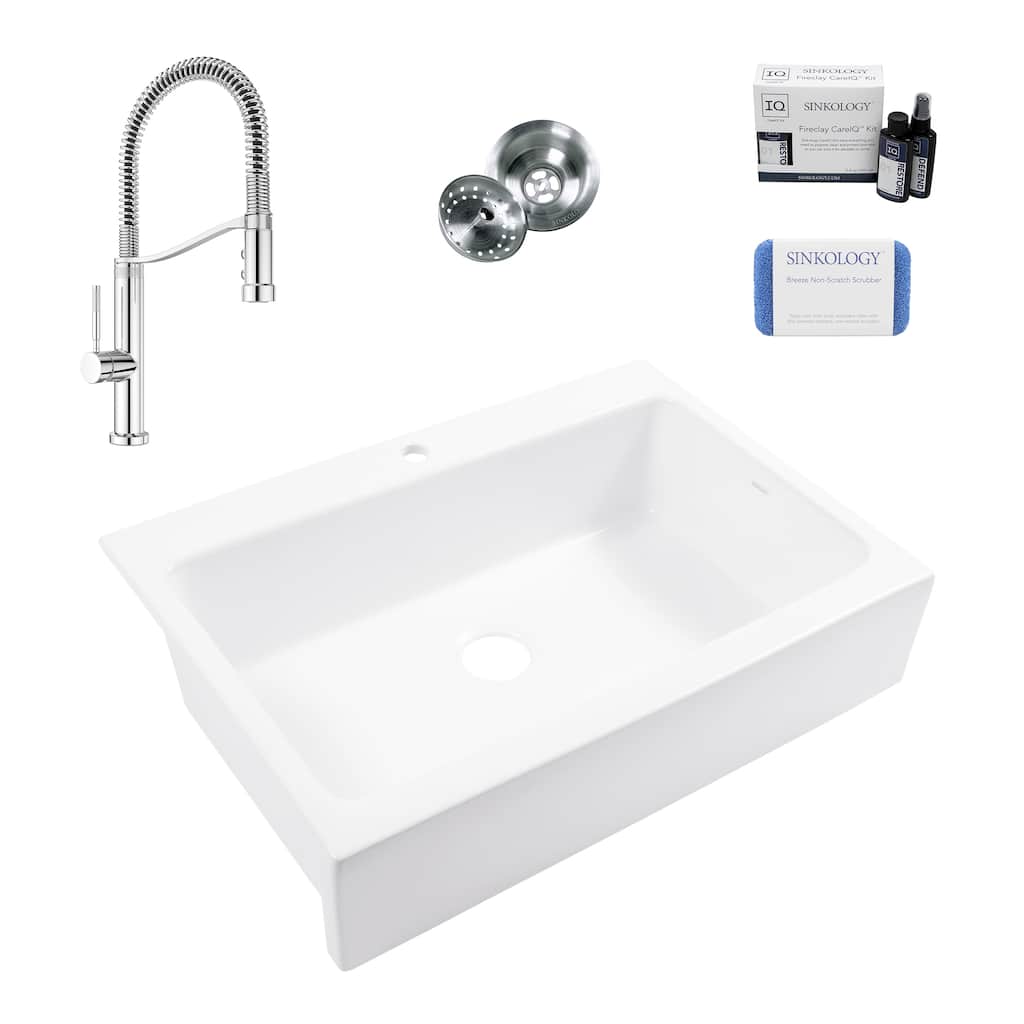 Parker Crisp White Fireclay 34" Single Bowl Quick-Fit Farmhouse Apron Front Drop-in Kitchen Sink (1 Hole) with Chrome Faucet Kit