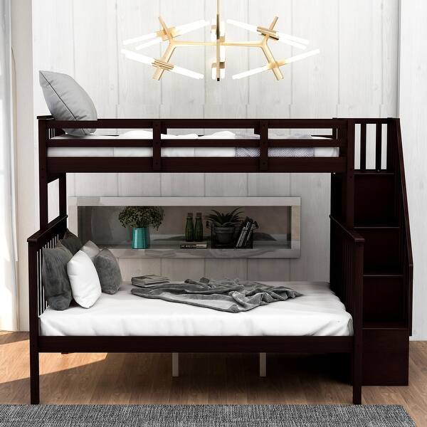 slide 2 of 36, Modern Style Bunk Bed with Guardrials, Storage Staircase, Maximized Space, Twin over Full Espresso