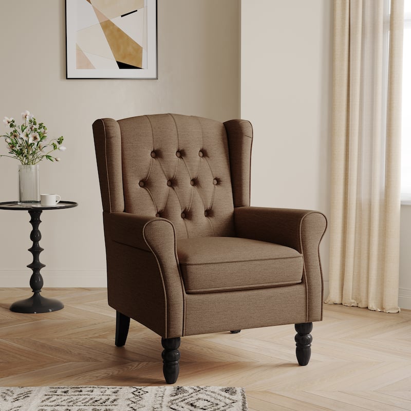 Button-Tufted Accent Club Chair Wingback Armchair Set of 2 - Brown-Single - Linen