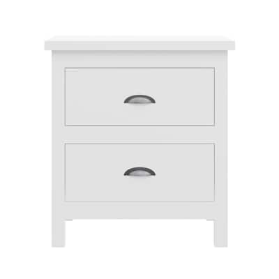 Modern Pine Wood Bedside Table with 2 Drawers and Rectangular White Nightstand for Living Room or Office