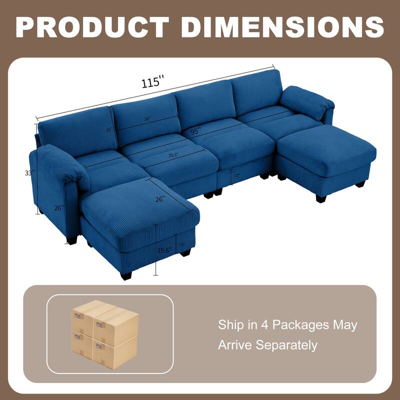 Corduroy Sectional Sofas with 2 Removable Ottomans, U-shaped Symmetrical 6-Seat Modular Couch
