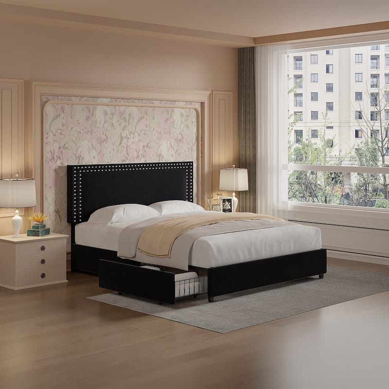 VECELO Upholstered Storage Bed Frames with 4 Storage Drawers Platform Bed Frame with Adjustable Velvet Rivets Headboard