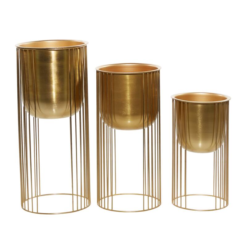 Gold Metal Deep Recessed Dome Indoor Outdoor Planter with Elevated Caged Stand (Set of 3)