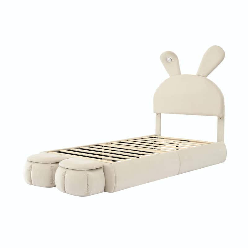 Upholstered Platform Bed with Cartoon Ears Shaped Headboard and Light
