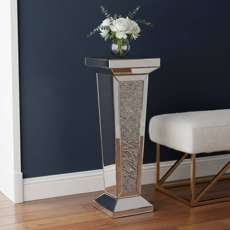 HomeRoots 35" Silver Mirrored Glass And Faux Crystals Pedestal Accent Table - 12.60 in. x 35.43 in. x 10.24 in.