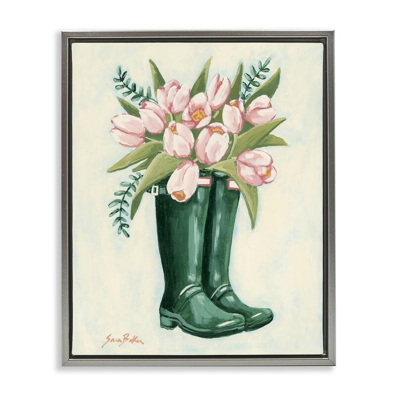 Stupell Tulips in Rain Boots Framed Floater Canvas Wall Art Design By Sara Baker - 25 x 31 - Grey