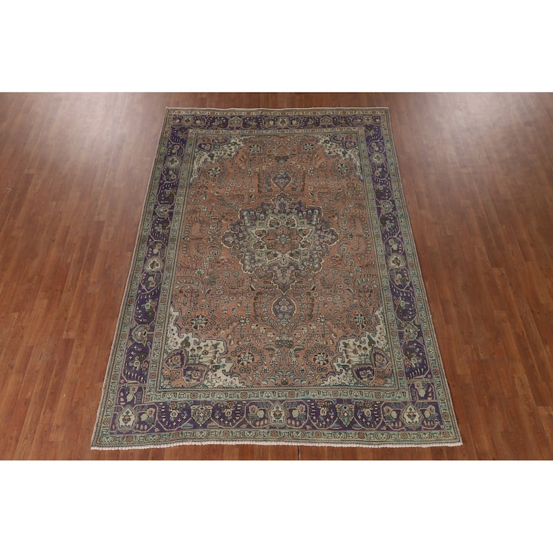 Floral Coral Tabriz Persian Vintage Area Rug Handmade Wool Carpet - 6'9"x 9'10"