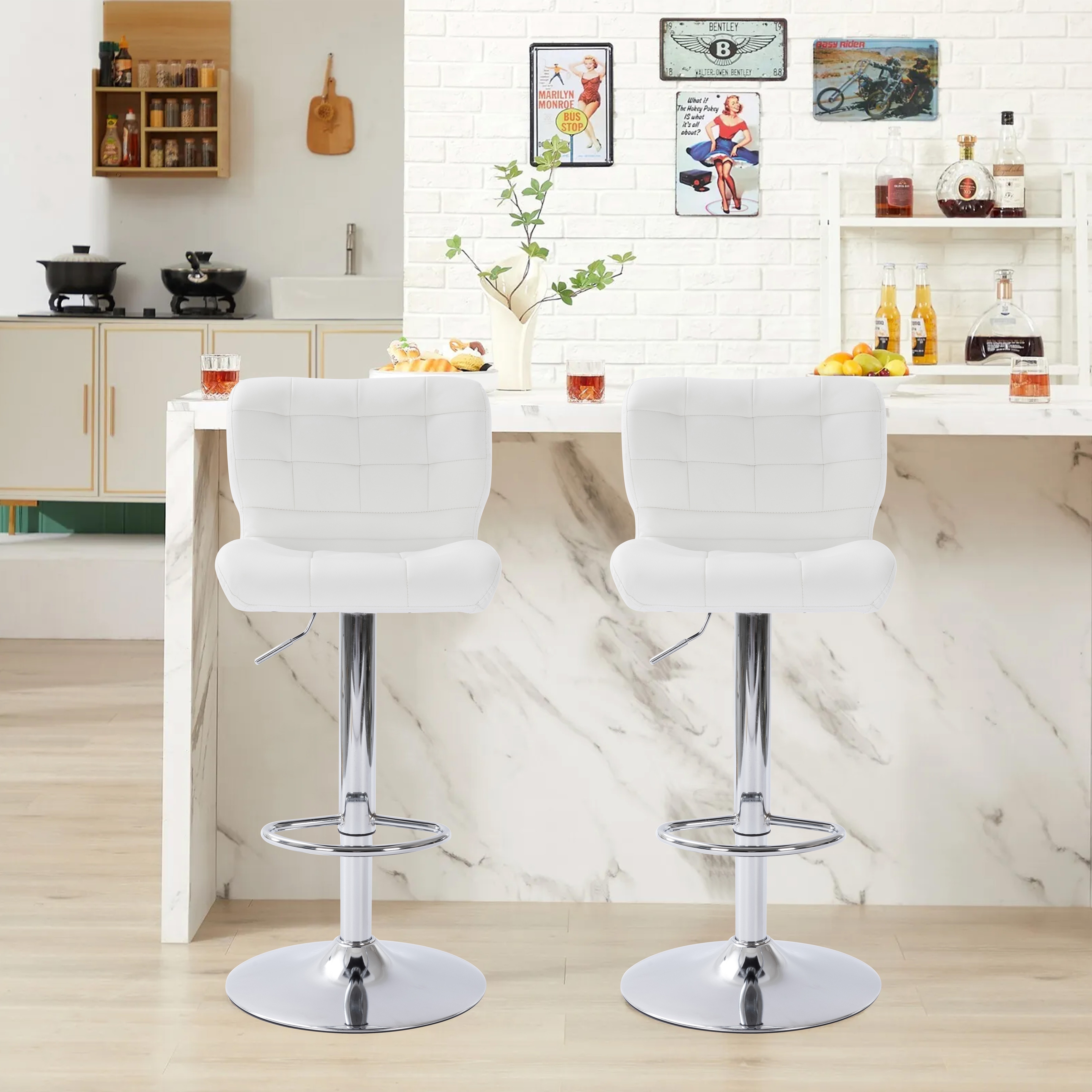 Modern Swivel Barstool Set of 2, Tufted High Bar Chair, Counter - Main Image