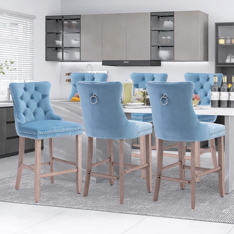 Wing Back Velvet Tufted Nailhead Barstools(Set of 6)
