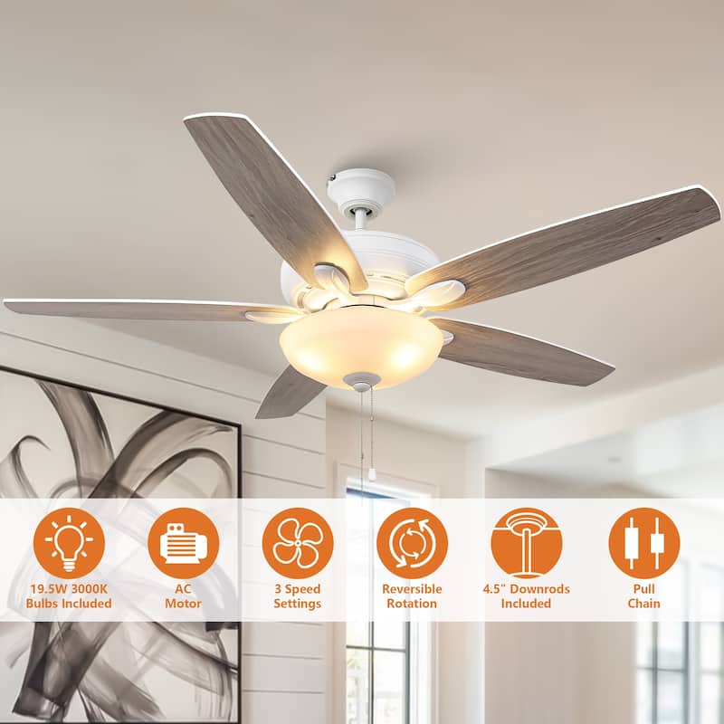 52" Coastal White Frosted Glass Ceiling Fan with Light and Pull Chain - Satin white