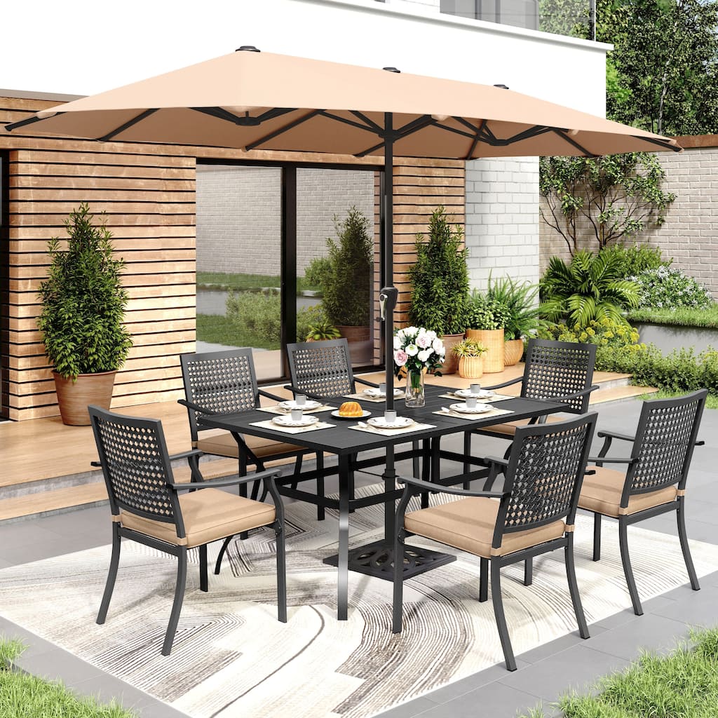 8-Piece Patio Dining Set Metal E-coating of 6 Upgraded Back Pattern Chairs & 1 Metal Table & 13FT Large Umbrella