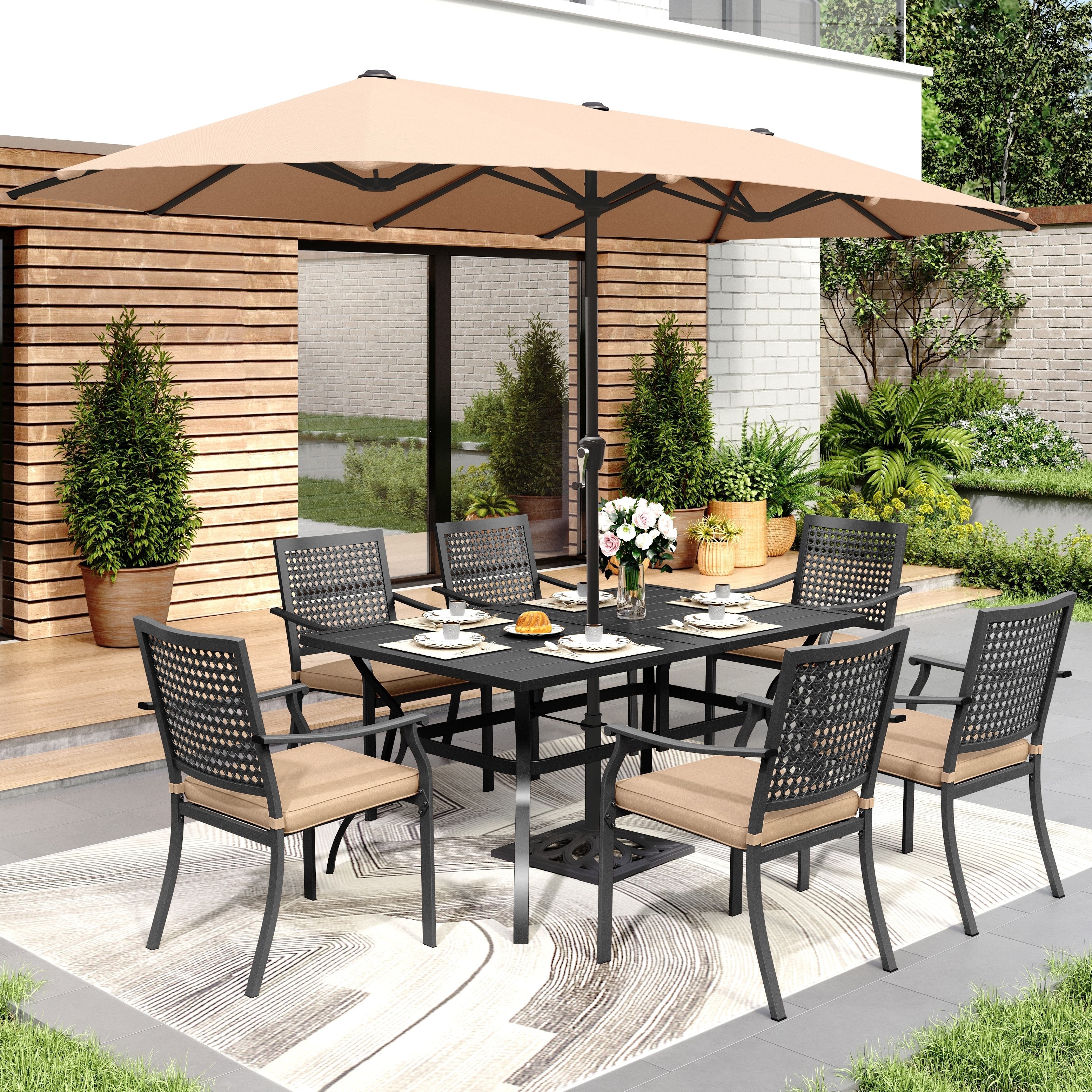 MAISON ARTS 8 Pieces Patio Dining Set Metal E-coating of 6 Upgraded Back Pattern Chairs & 1 Metal Table & 13FT Large Umbrella