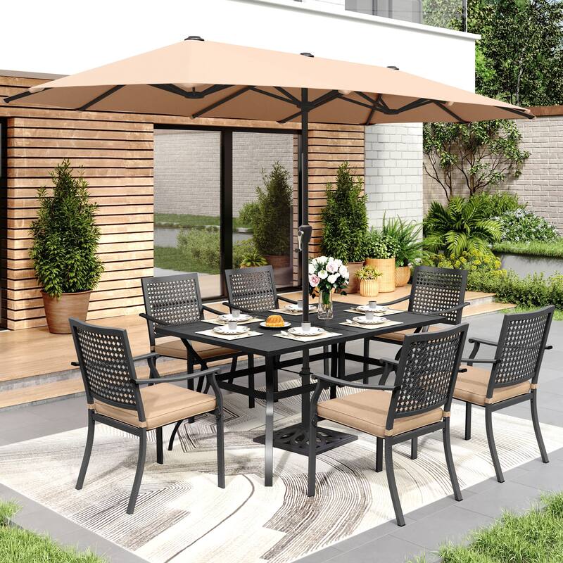 8-Piece Patio Dining Set Metal E-coating of 6 Upgraded Back Pattern Chairs & 1 Metal Table & 13FT Large Umbrella - 7-Piece + Beige Umbrella
