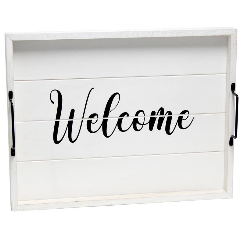 HomeRoots 16" White And Black Welcome Serving Tray With Handles - 15.50 in. x 2.25 in. x 12.00 in.