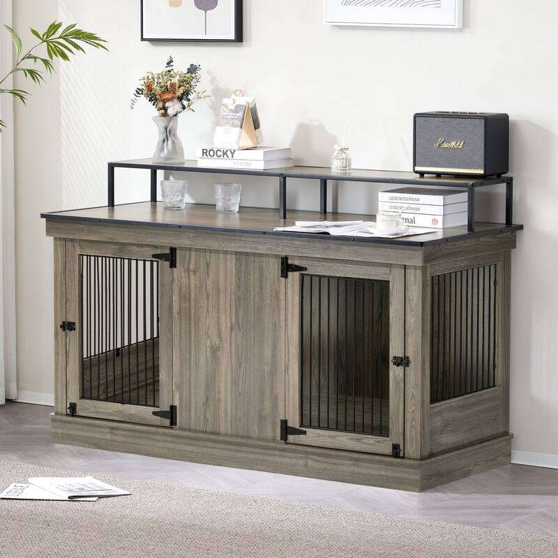 Mcombo Large Dog Crate Furniture TV Stand,Wooden Dog Kennel with Double Doors 1861 - Brown