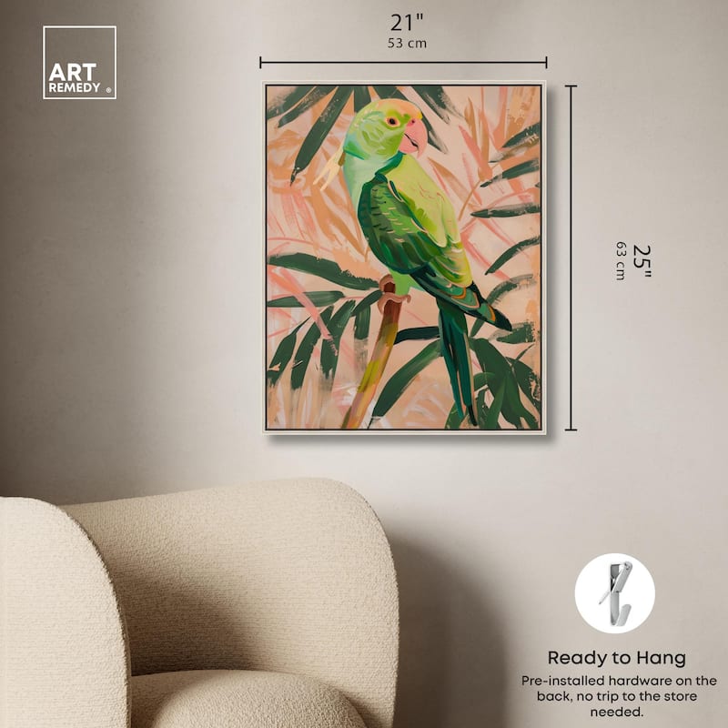 Coral and Green Parrot Canvas by Art Remedy
