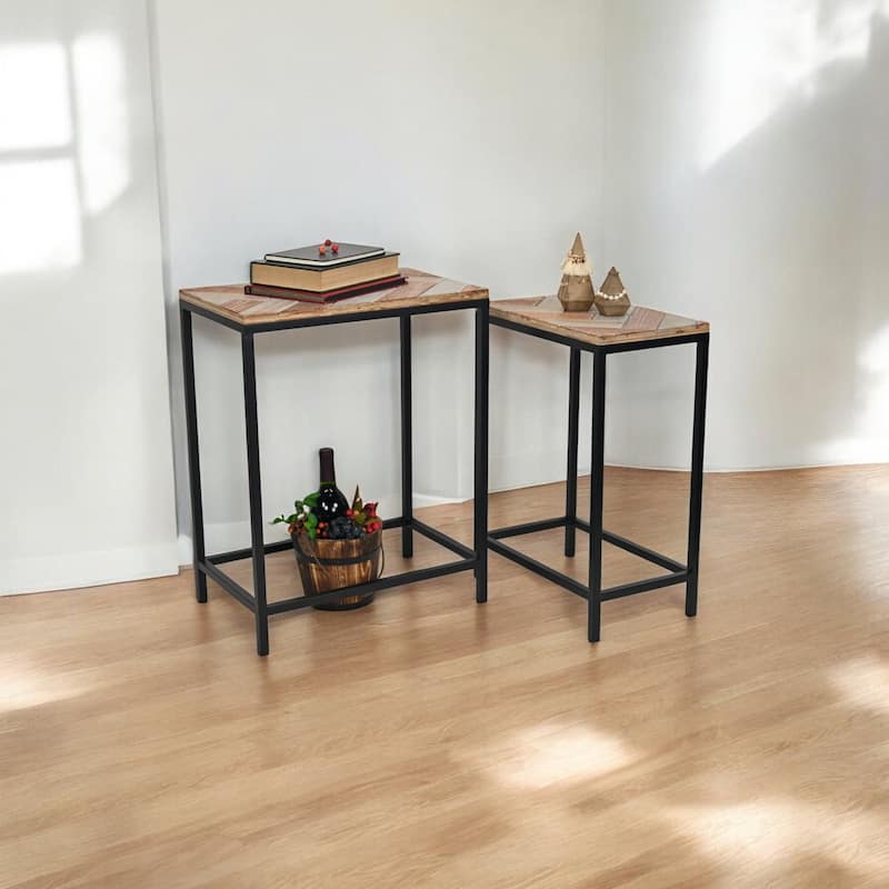Brown Wood and Metal Side Tables (Set of 2)