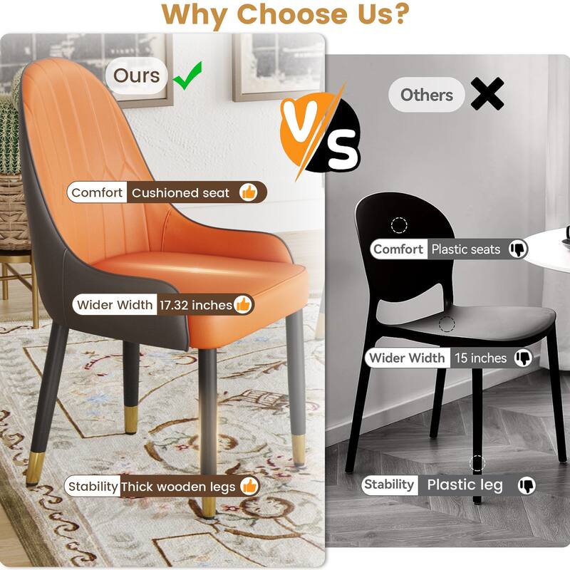 Modern 2 Piece PU Kitchen Dining Chair with Cushion, Solid Wood Metal Feet, Backrest for Dining Room Kitchen Living Room Bedroom