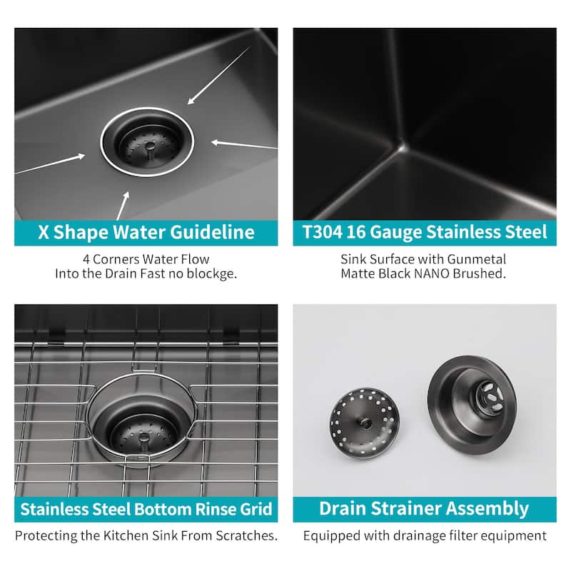 30 Inch Undermount 16 Gauge Single Bowl Stainless Steel Kitchen Sink in Gunmetal Black - 30'' x 18'' x 10''