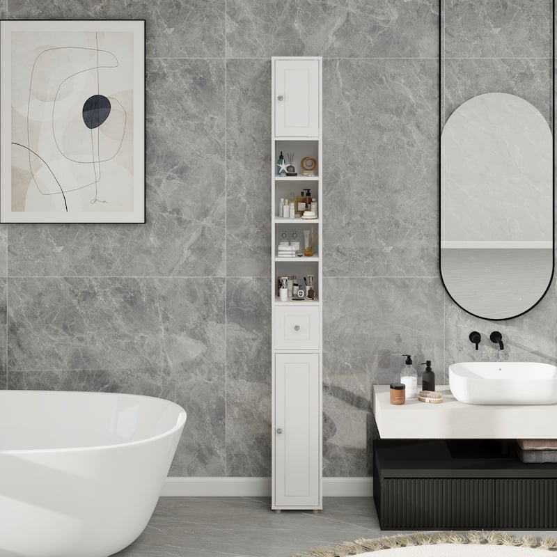 Slim Bathroom Storage Cabinet, Freestanding Narrow Floor Cabinet, Bathroom Cabinet with 1 Drawer, 2 Doors & Adjustable Shelves - White