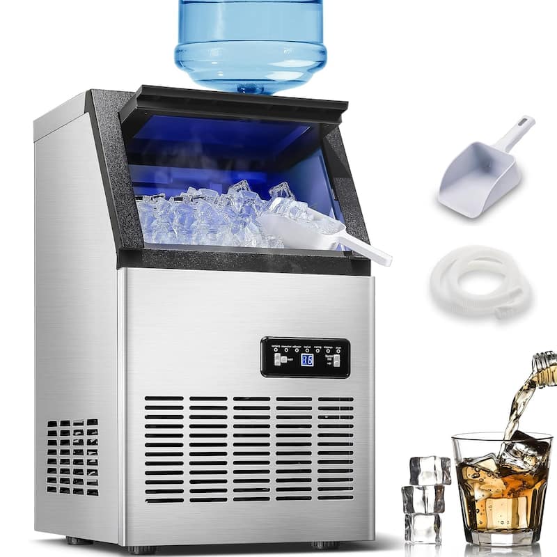 Commercial Ice Maker Machine 110LBS/24H Stainless Steel Freestanding 28LBS Storage Capacity Self-Cleaning 2 Water Inlet Modes - Stainless Steel