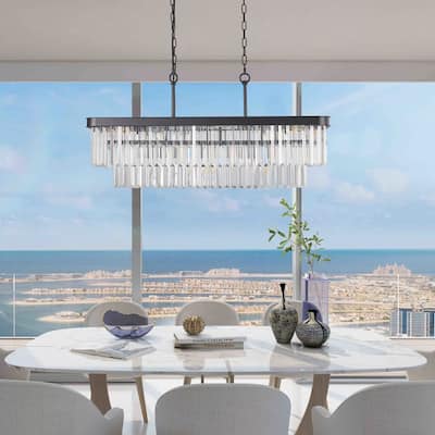 Adjustable Rectangular Crystal Chandelier - E12 Modern Industrial Farmhouse Ceiling Light with Iron Frame (Bulbs Not Included)