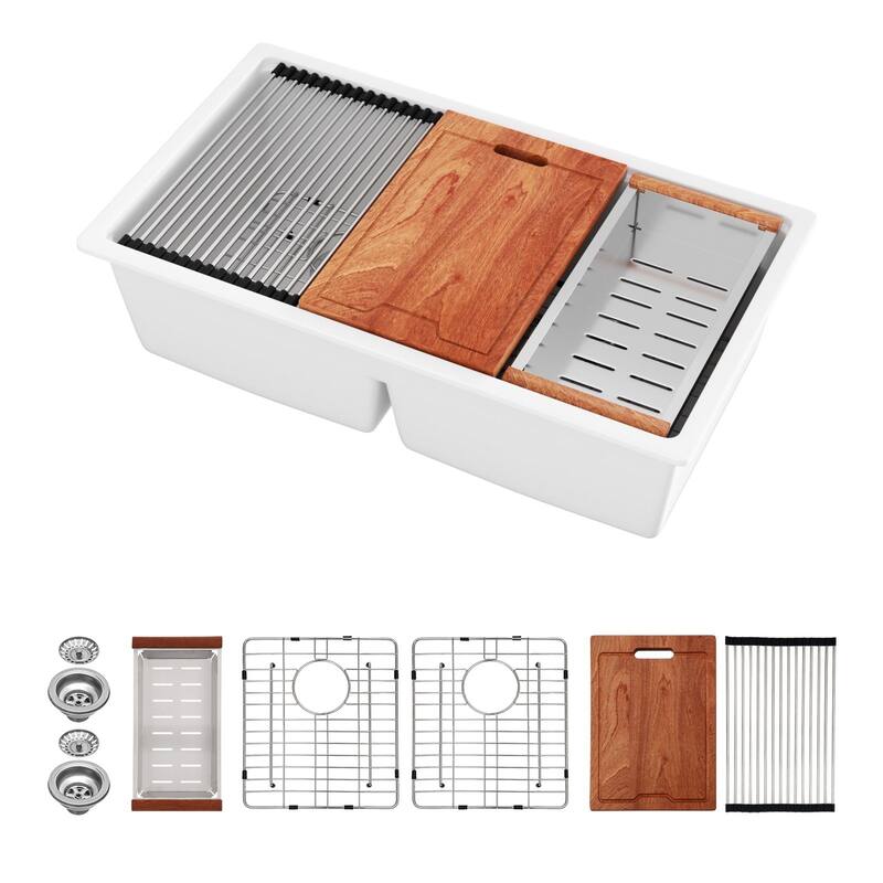 Lordear 33" Kitchen Sink Double Bowl Undermount Workstation Low Divider Quartz Composite Sink with Accessories - Silver Accessories